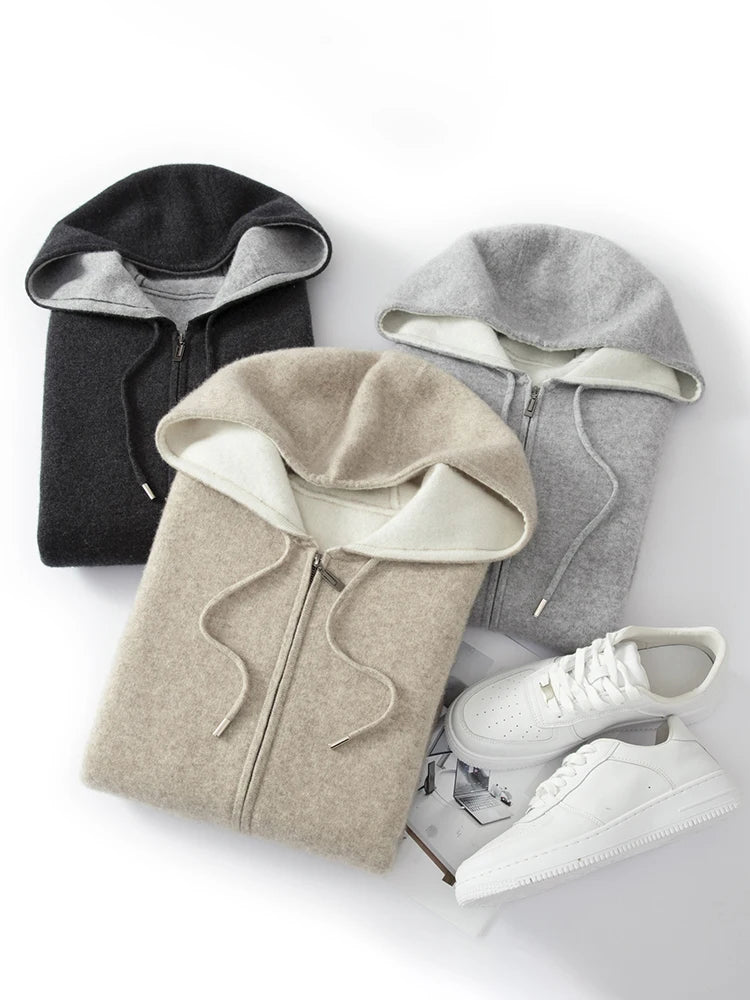 High Quality Autumn Winter Men Hooded Cashmere Sweater Long Sleeve Casual Loose 100% Merino Wool Cardigan Knitwear Clothing Tops