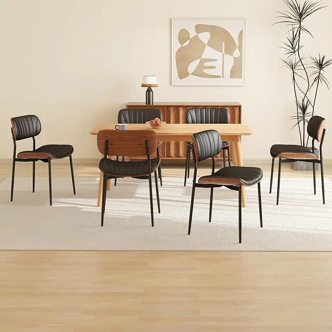 Modern PU Leather Dining Room Chairs Set of 6, Upholstered Kitchen Chairs with Walnut Bentwood Back and Metal Legs Adjustable