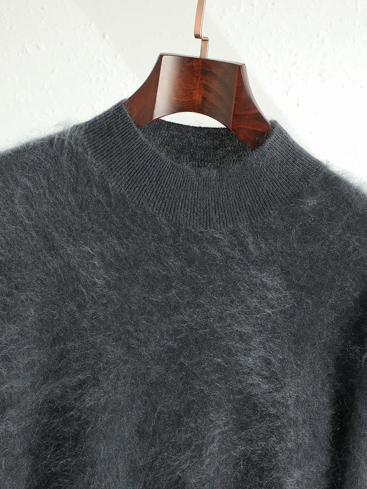 2024 Men 100% Plush Cashmere Sweaters Mock Neck Basic Pullovers Long Fluff Pure Brushing Cashmere Half High Collar Jumper Winter