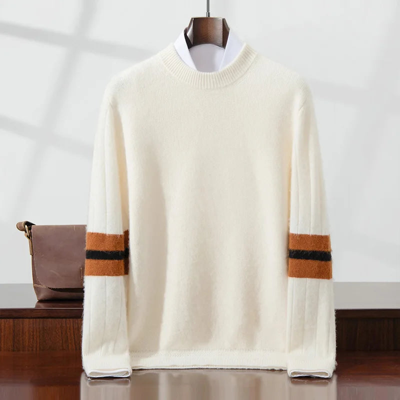ADDONEE Heavyweight Men's Autumn Winter Thick 100% Cashmere Pullover Sweater O-neck Long Sleeve Striped Cashmere Knitwear