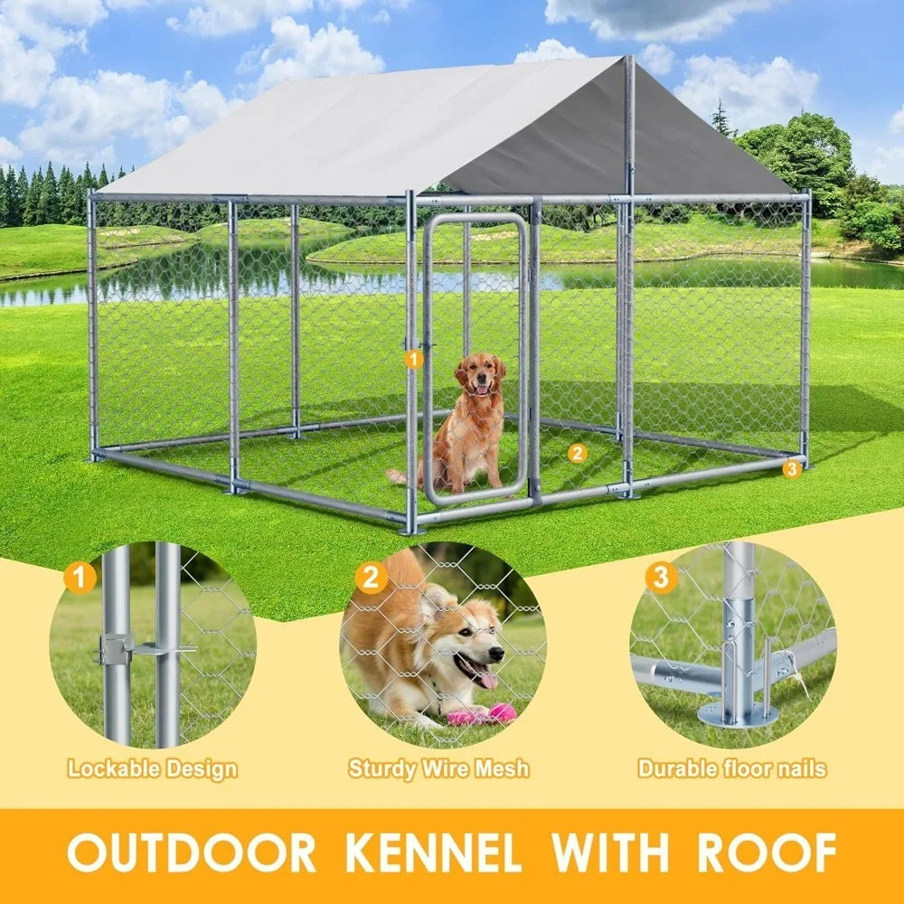 7.5 FT Large Outdoor Dog Kennel with Roof Heavy Duty Dog Kennel House, Galvanized Chain Link Dog Runs Pet Playpen with Waterproo