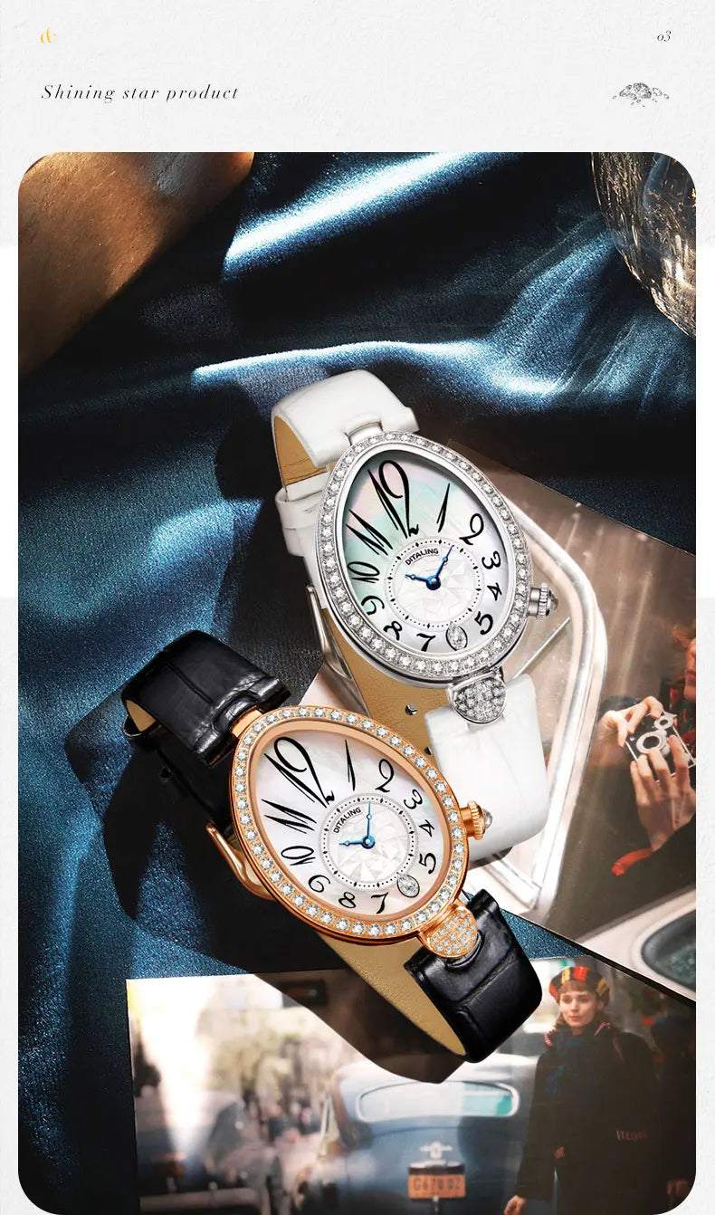 DITALING Women Luxury Watch Ladies Watches Vintage Quartz Wristwatch 30M Waterproof Skeleton Water Drop Shape Case Crystal Bezel