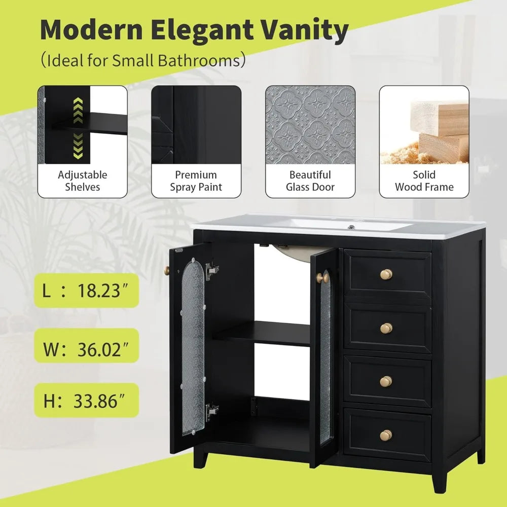 36 Inch Bathroom Vanity with Sink Top Combo, Wood Bathroom Sink Cabinet with 2 Soft Closing Doors and 3 Drawers, Modern Freestan