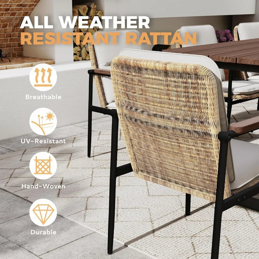 7 Piece Patio Dining Set Outdoor, 6 Wicker Chairs with Aluminum Frame and Olefin Cushions, Large Wooden Dining Table