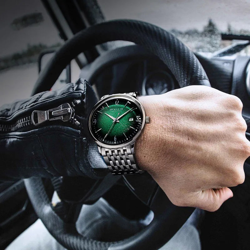 FEICE Mens Vintage Watches Luminous Automatic Silver Stainless Steel Watch Green Dial Mechanical Wristwatch Waterproof Business