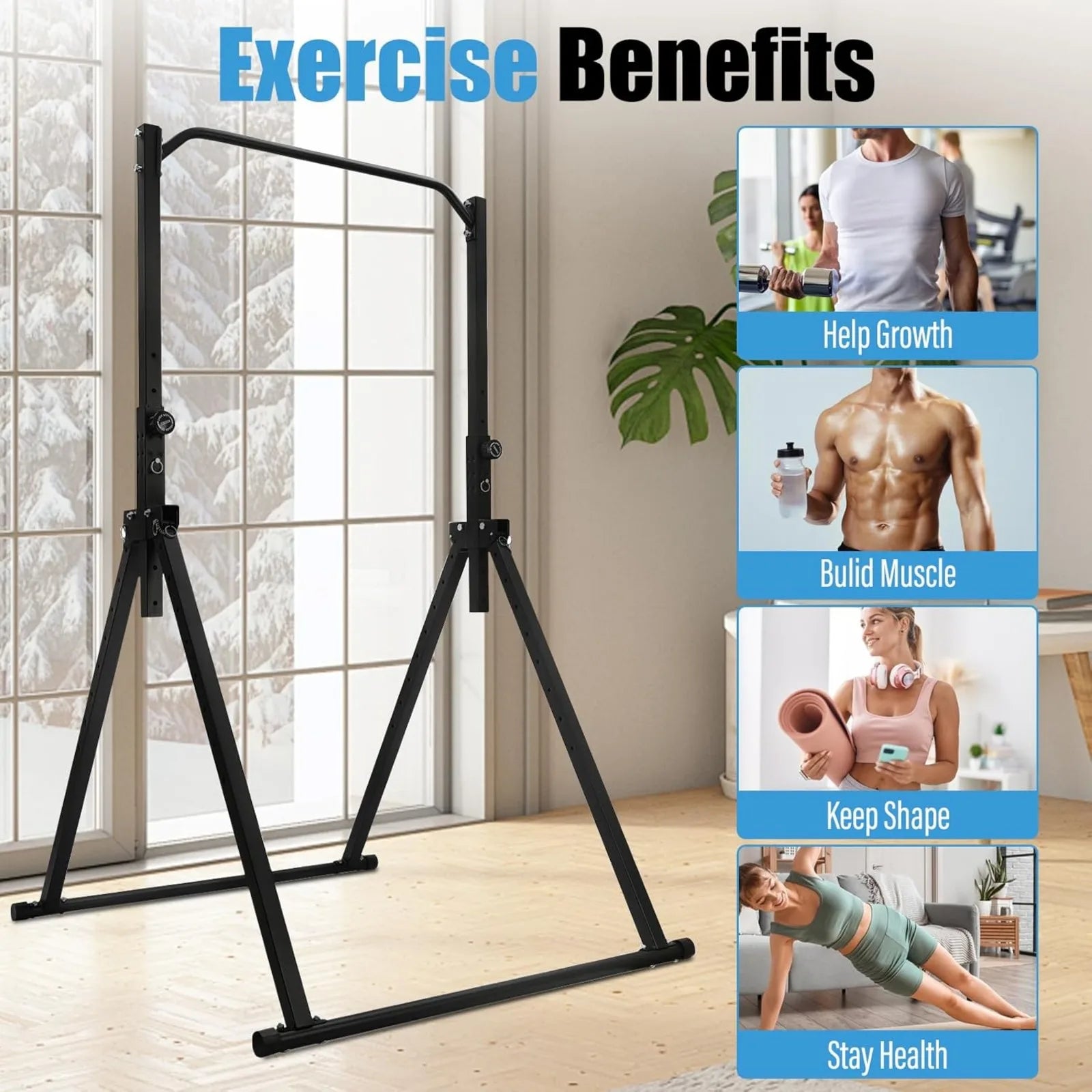 Foldable Pull Up Bar,Workout Dip Station Height Adjustable Pull Up Bar for Home,Multifunction Fitness Tower Station Gym Training