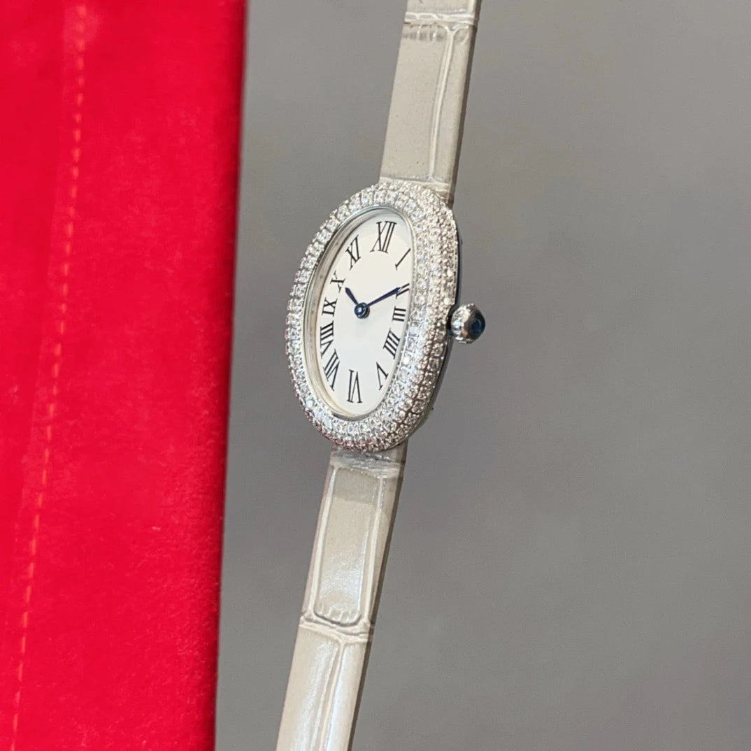 Brand Wrist Watches Woman Girl High Quality 23mm Diamond Oval Style Japanese Quartz Movement Leather Strap Clock CT80