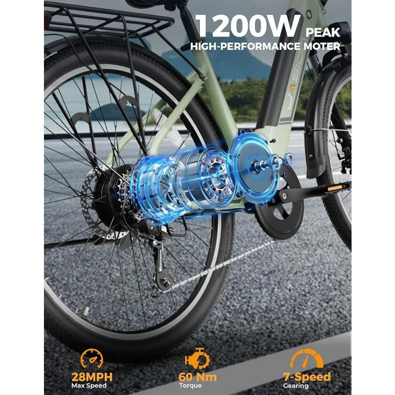 Roamer ST Electric Bike for Adults, 1200W Peak Motor Max 62miles & 28MPH City Cruiser Ebike,26'' Commuter Ebike, 528WH Re