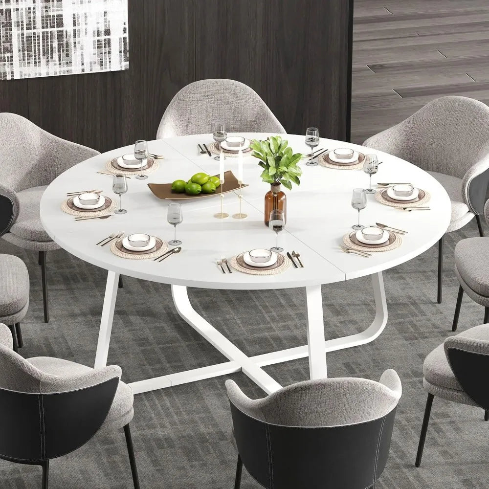 Modern Round Dining Table, Wood Metal Kitchen Tables,Industrial Large Dinner Room Tables for 6 to 8, Circle Dining Room Table f