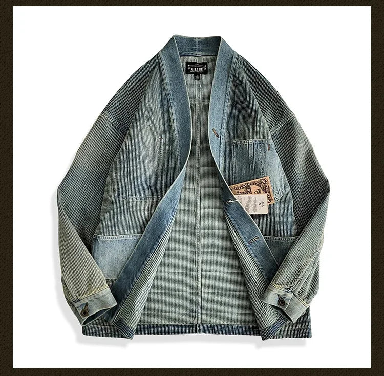 Amekaji Wear Clothes Men Blue Dyed Denim Robe Jacket Cardigan Coat Retro Washed Dyed Distressed