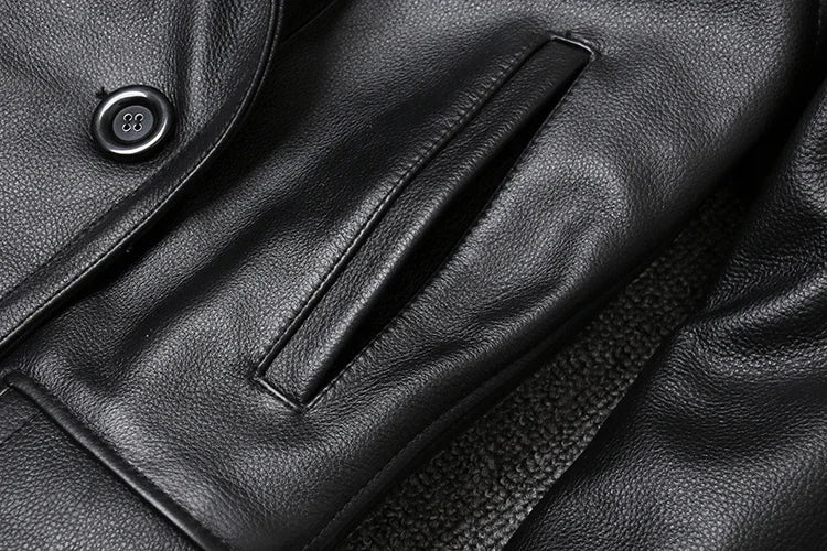 Genuine Leather Jacket Men's Top Layer Cowhide Jacket Mid-Length Men's Lapel Windbreaker Slim-Fit Jacket Double-Breasted
