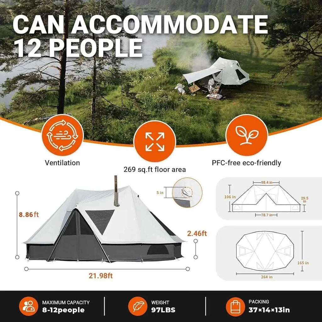 YC-Canvas Bell Yurt Tents, 4 Seasons Large Waterproof & Windproof Luxury Glamping Tent w/Stove Jack for Family Outdoor Camping,