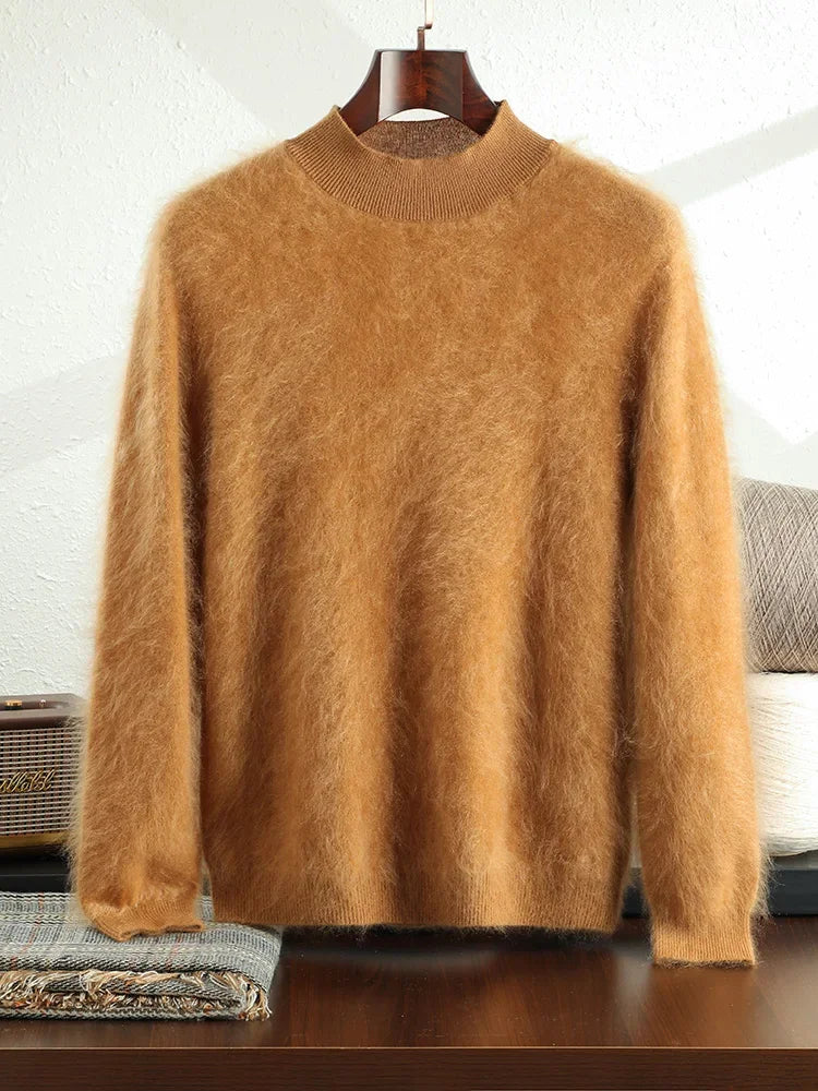 2024 Men 100% Plush Cashmere Sweaters Mock Neck Basic Pullovers Long Fluff Pure Brushing Cashmere Half High Collar Jumper Winter