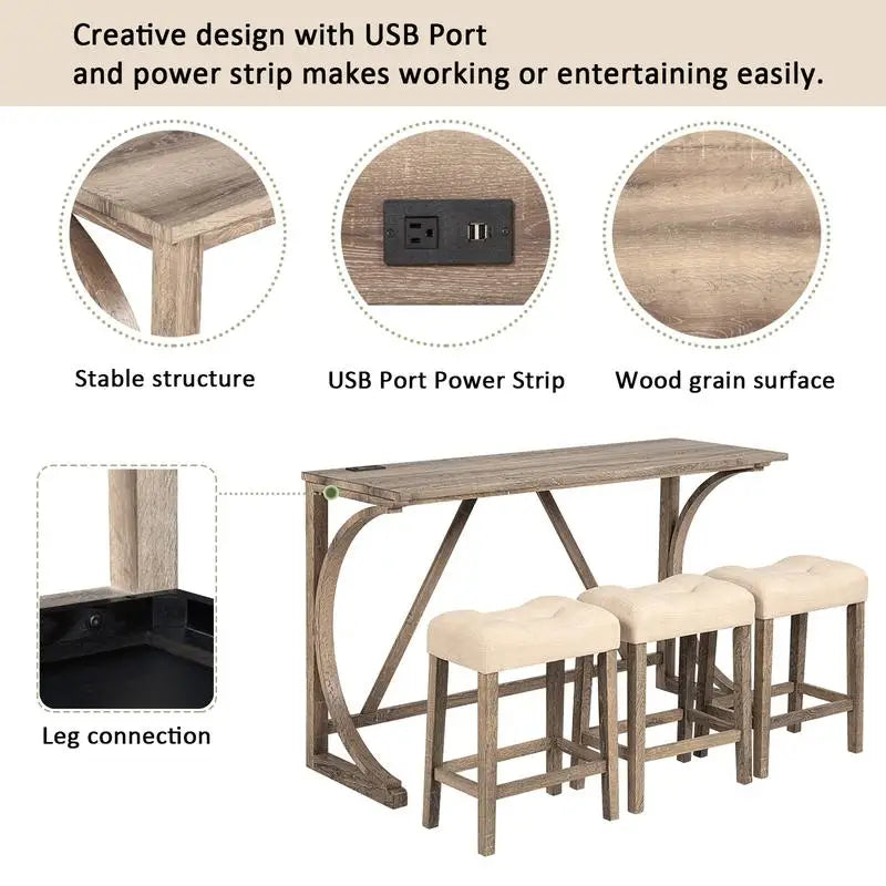4-Piece Bar Table Set with Power Outlet, Dining Table & Chairs Set, 3 Padded Stools for Living Room, Dining Room, Game Room,