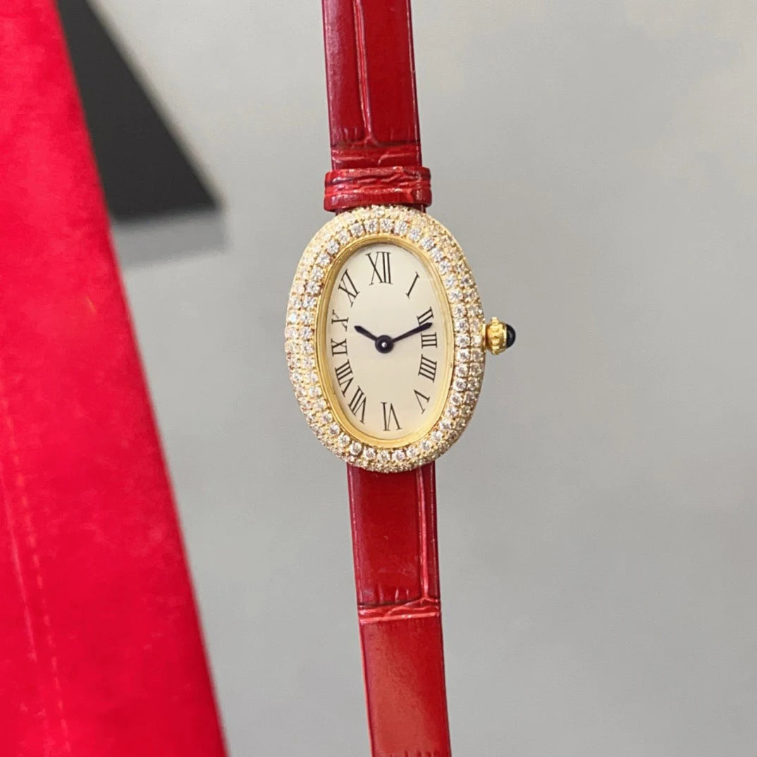 Brand Wrist Watches Woman Girl High Quality 23mm Diamond Oval Style Japanese Quartz Movement Leather Strap Clock CT80