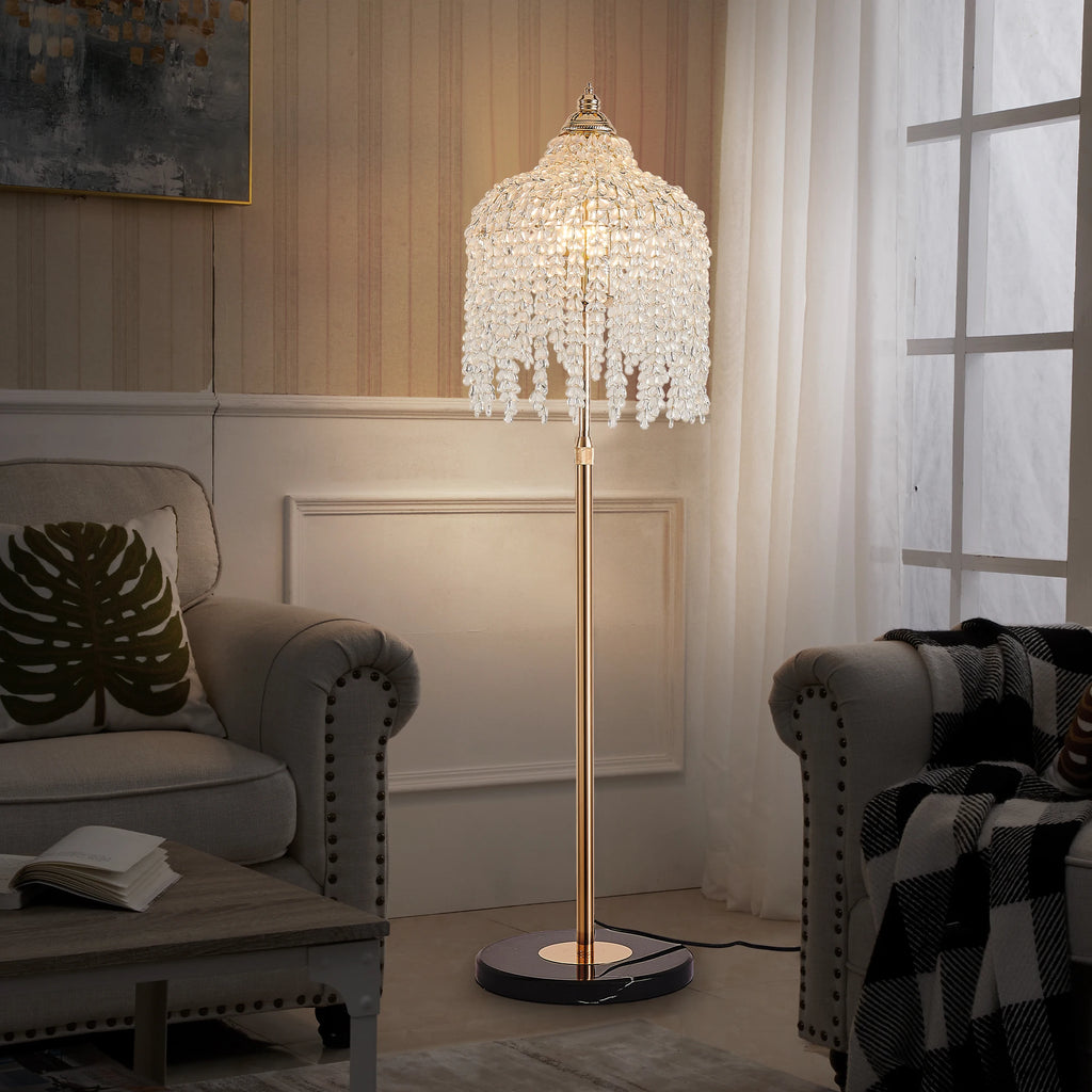 63” 3-Light Gold Crystal Floor Lamp with Grape Shaped Crystal Bead String and Marble Textured Base for Living Room Den Bedroom