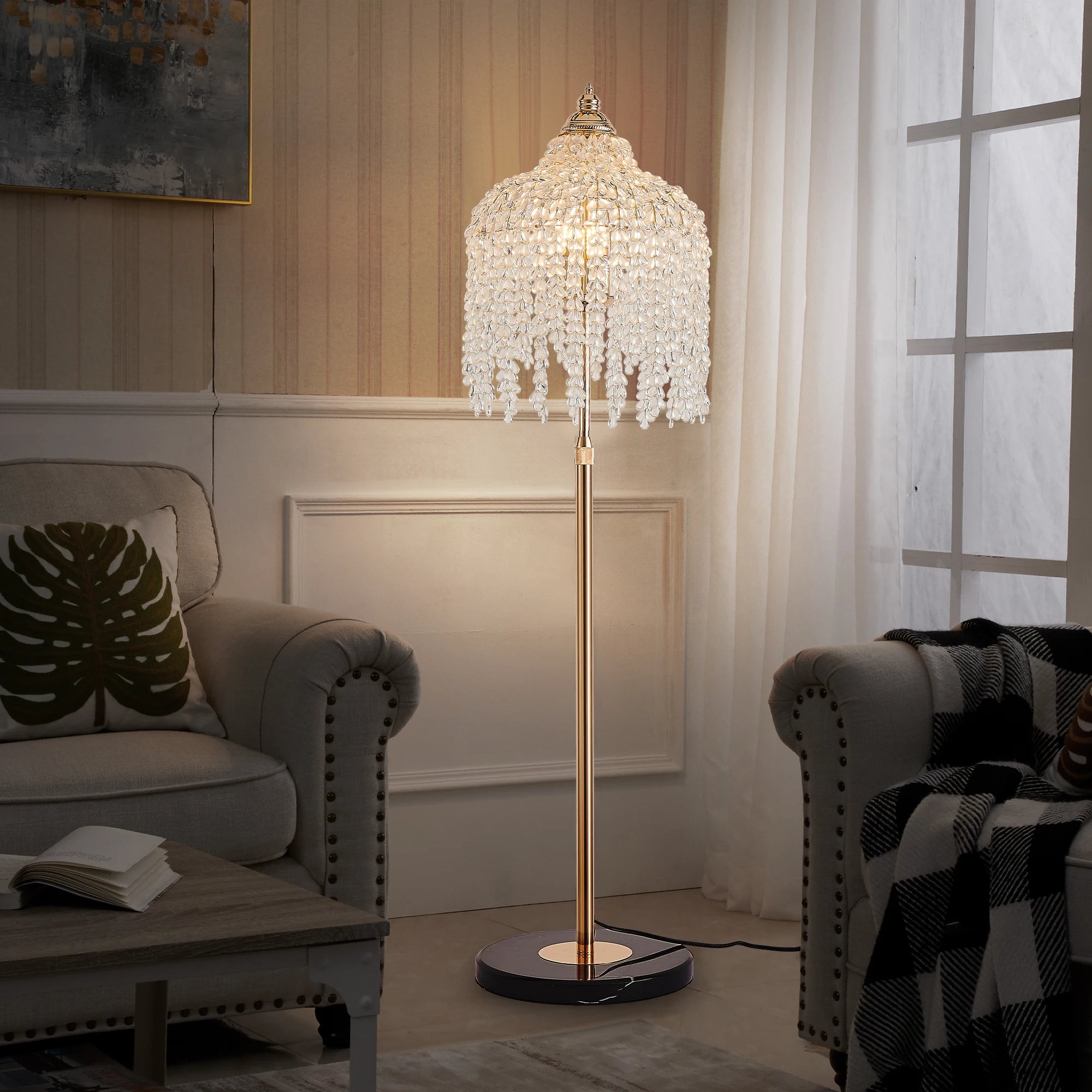 63” 3-Light Gold Crystal Floor Lamp with Grape Shaped Crystal Bead String and Marble Textured Base for Living Room Den Bedroom
