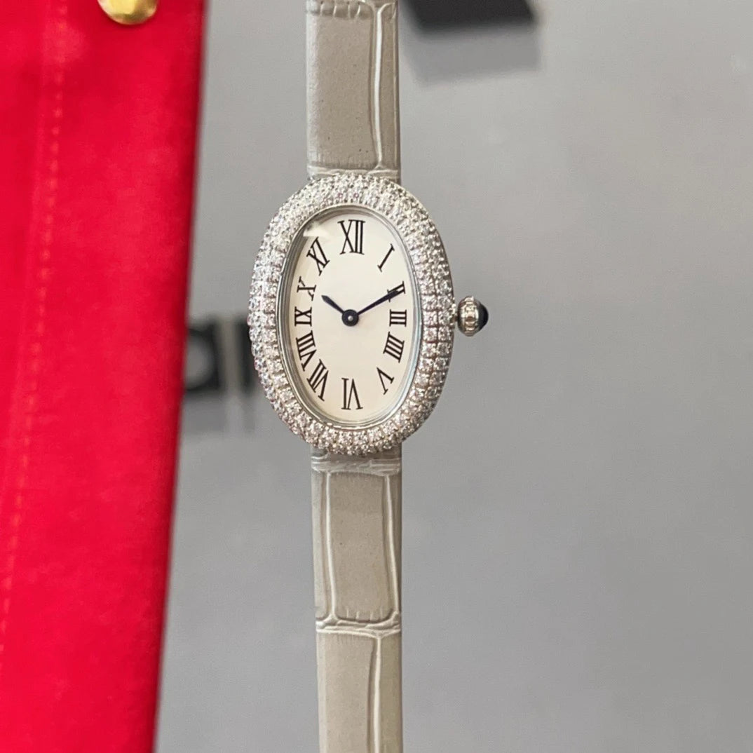 Brand Wrist Watches Woman Girl High Quality 23mm Diamond Oval Style Japanese Quartz Movement Leather Strap Clock CT80