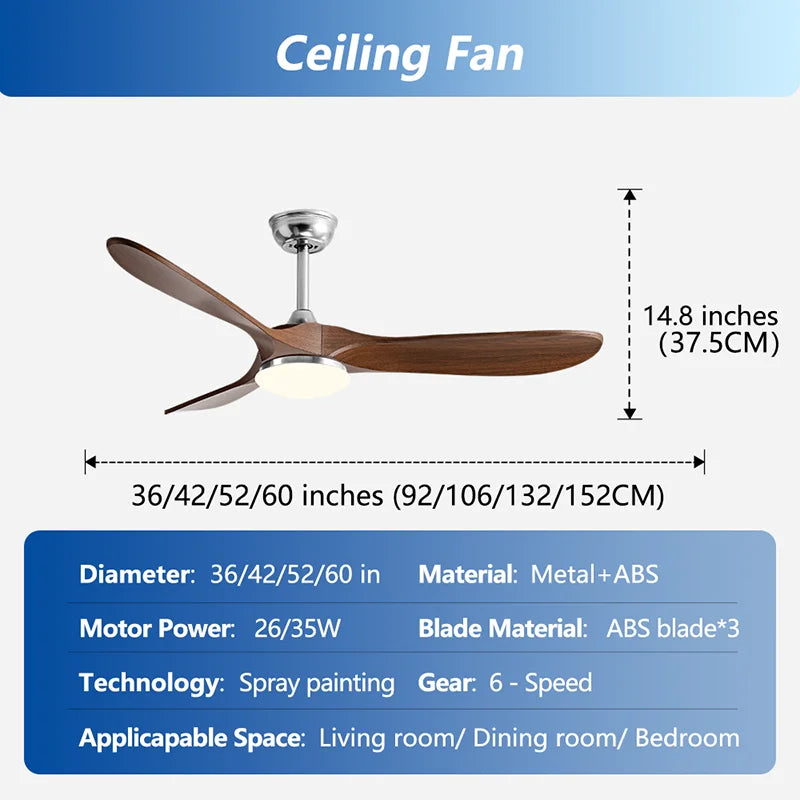 36 42 52 60 Inch Ceiling Fan Industrial Vintage ABS Ventilator with Light Remote Control Decorative Blower Retro Large Fans