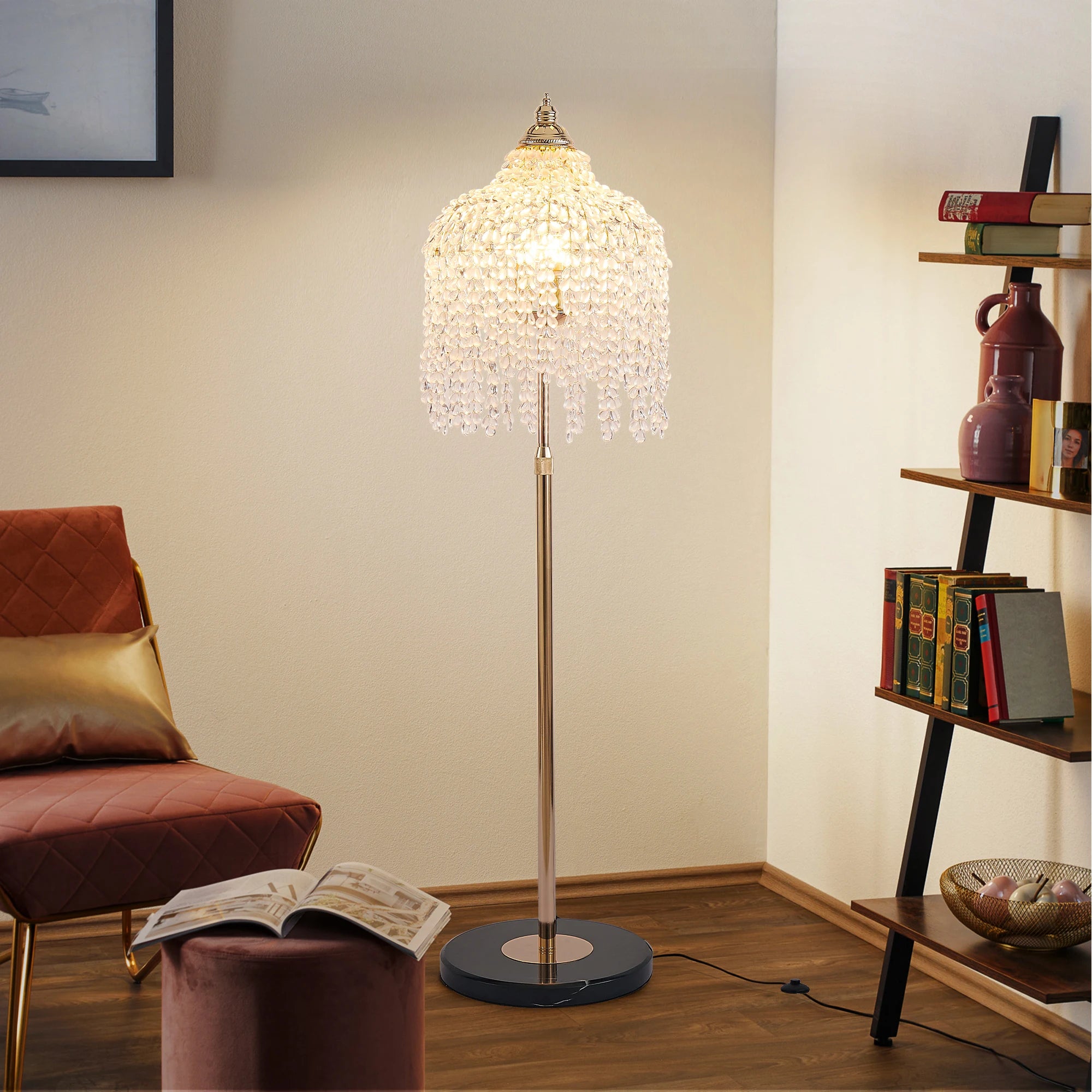 63” 3-Light Gold Crystal Floor Lamp with Grape Shaped Crystal Bead String and Marble Textured Base for Living Room Den Bedroom
