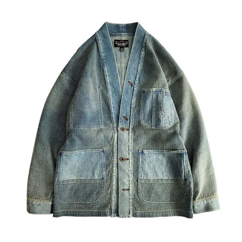 Amekaji Wear Clothes Men Blue Dyed Denim Robe Jacket Cardigan Coat Retro Washed Dyed Distressed