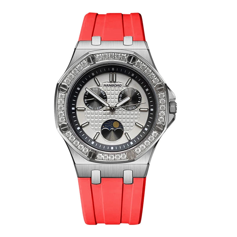 Hanbro Women Luxury Watch 37mm Ladies Vintage Quartz Wristwatch Luminous Waterproof Silicone Strap Week Date Triple Windows