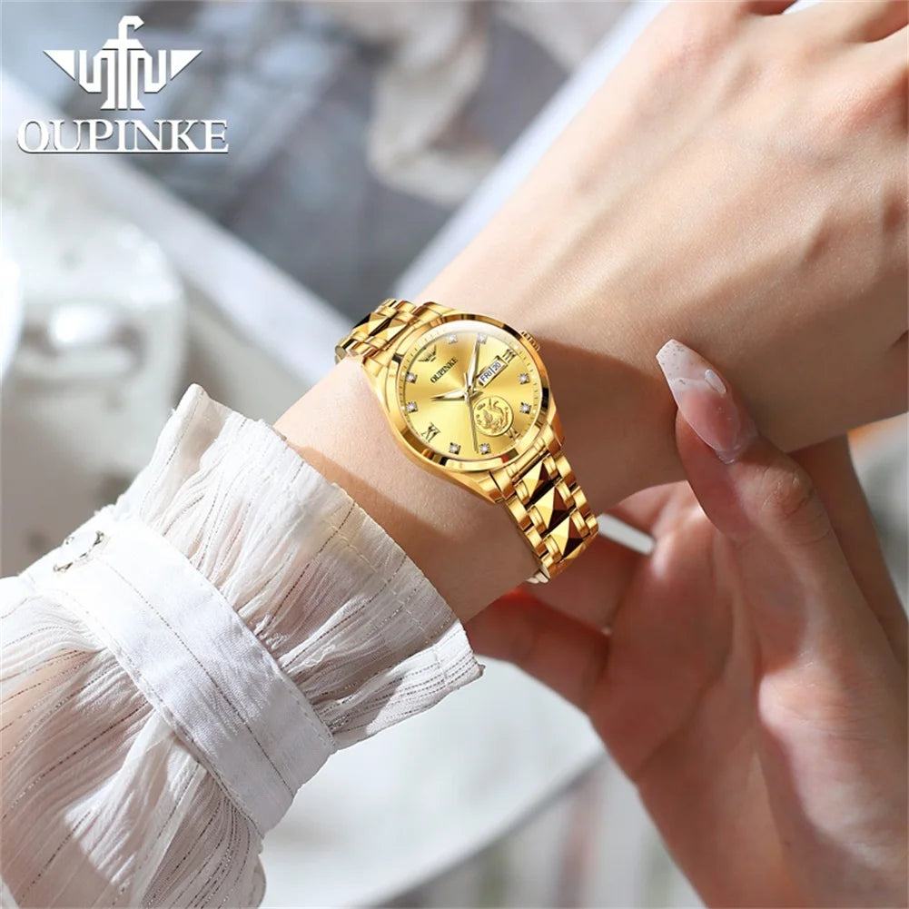 OUPINKE 3259 Real Gold Phoenix Women Watch Luxury Swiss Certified Automatic Mechanical Watch Elegant Travel Dress Women Watch