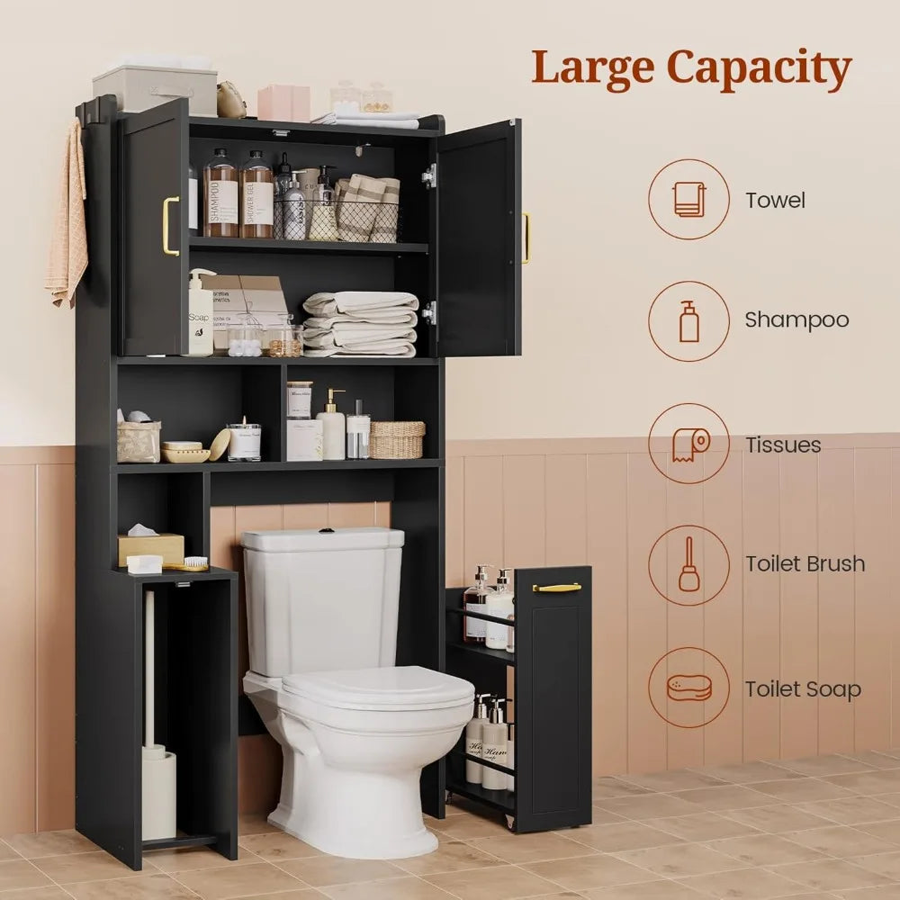 Over The Toilet Storage Cabinet with Pulley Small Bathroom Storage Cabinet, Space Saver W/Adjustable Shelf & Open Shelf for Bath
