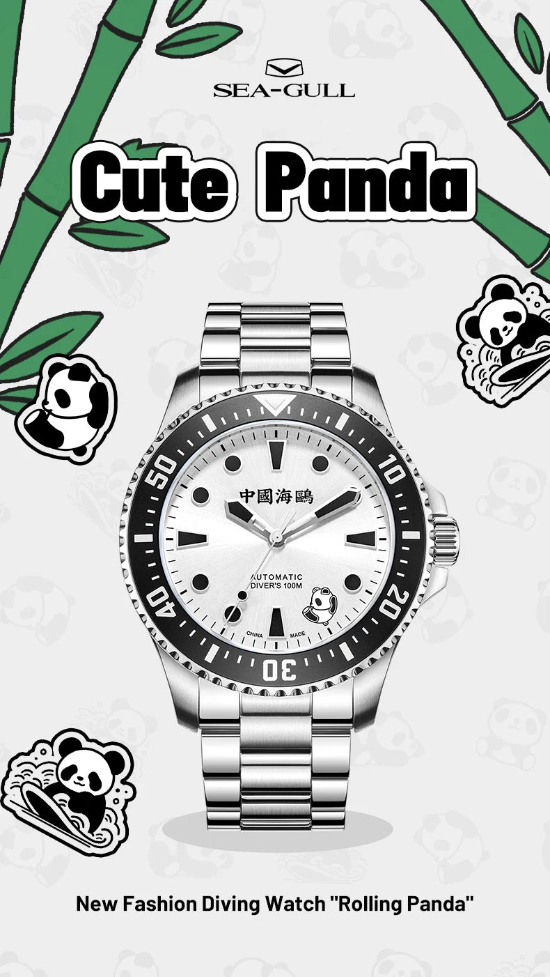 2025 Seagull Men's Watch Rolling Panda Design 100M Diving Watches Automatic Mechanical Wristwatch Sapphire Crystal Luminous Ocea