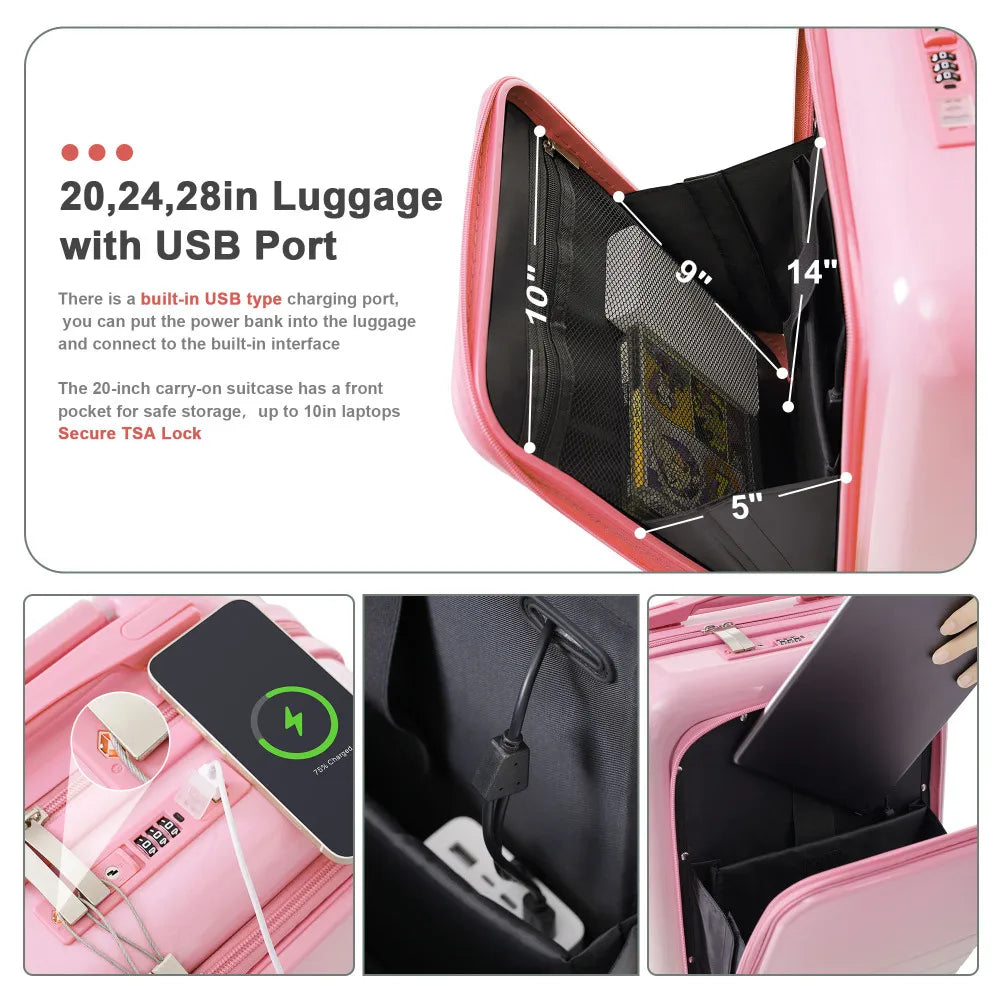 USB Port 20 24inch Front Opening Design Airline Certified Carry on Luggage ABS+PC Hard Shell Luggage with Spinner Wheels