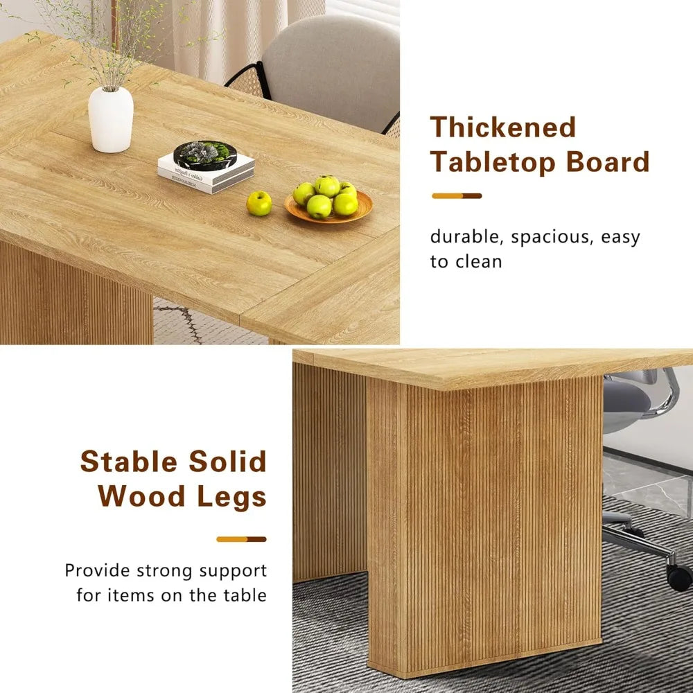 78 Inch Rectangular Dining Table for 6 to 10, Farmhouse Fluted Dining Kitchen Table, Modern Wood Long Dining Table for Kitchen