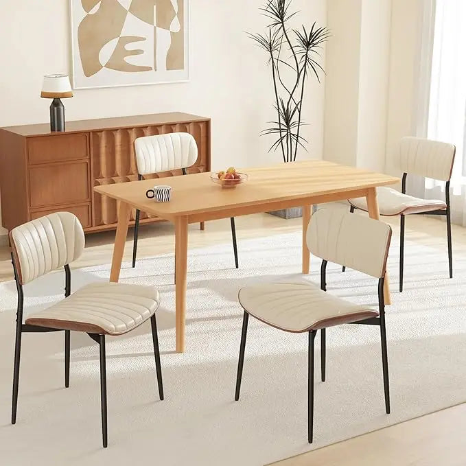 Modern PU Leather Dining Room Chairs Set of 6, Upholstered Kitchen Chairs with Walnut Bentwood Back and Metal Legs Adjustable