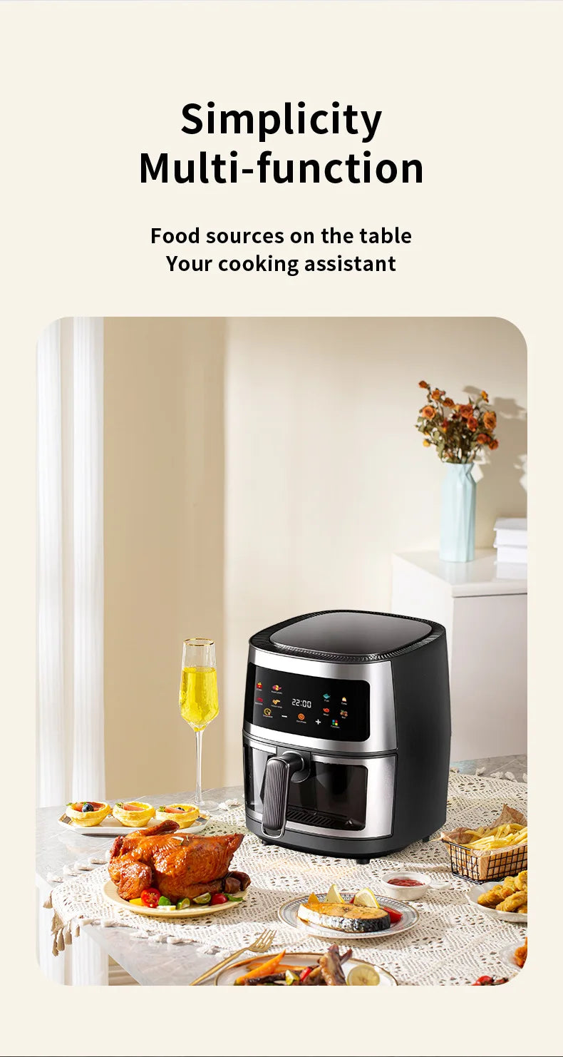 Multifunction Visible Air Fryer Stainless Steel Shell 8L Thermal Cycle Oil-free Non-Stick Touch Screen Electric Frying Oven