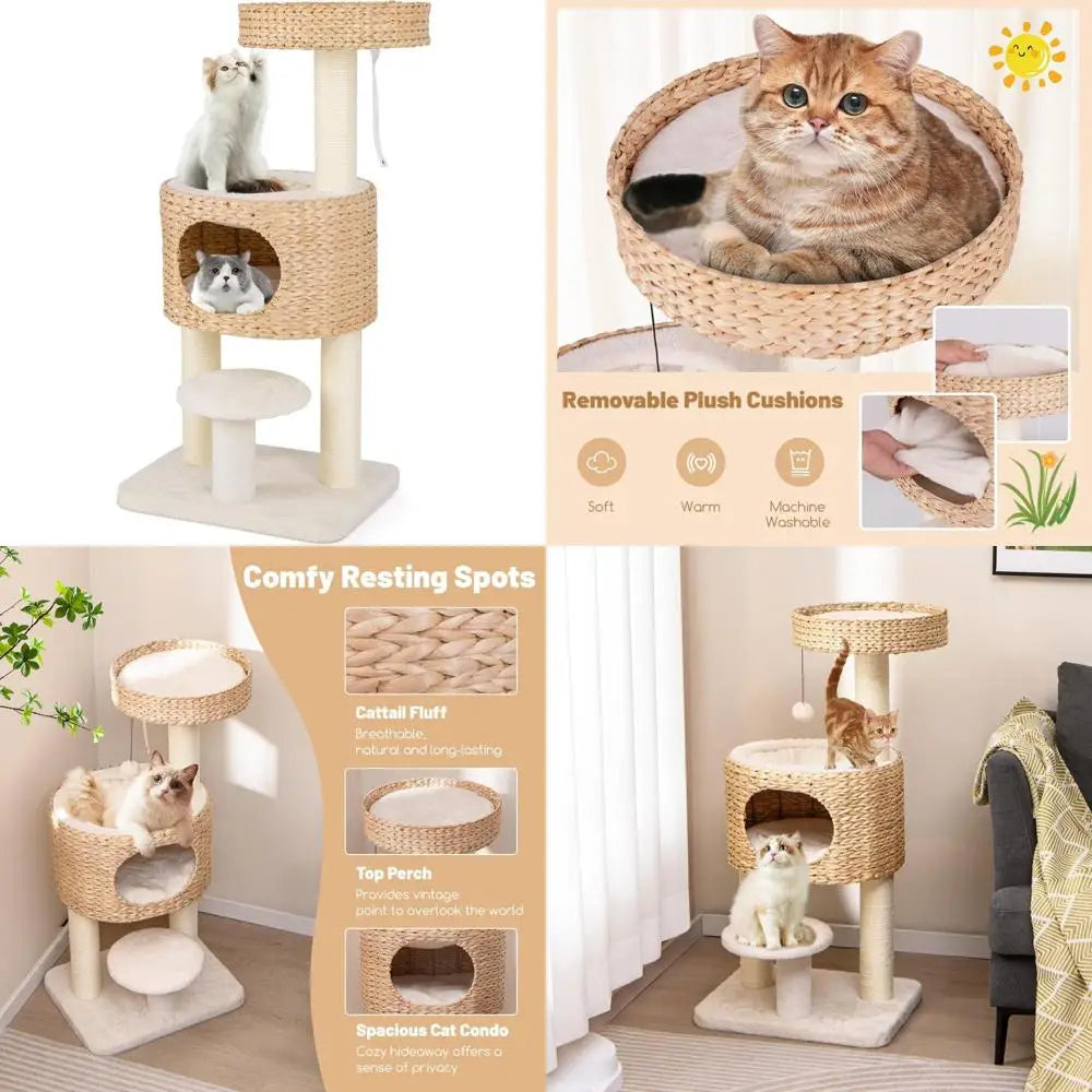 tangkula modern cat tree, 41 inch multi-level cat tower with cattail fluff condo & top perch, hanging toy, bed, removable cushio