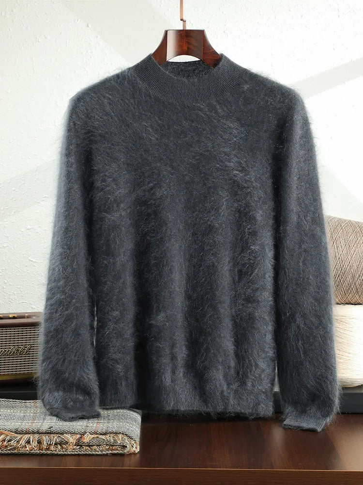 2024 Men 100% Plush Cashmere Sweaters Mock Neck Basic Pullovers Long Fluff Pure Brushing Cashmere Half High Collar Jumper Winter