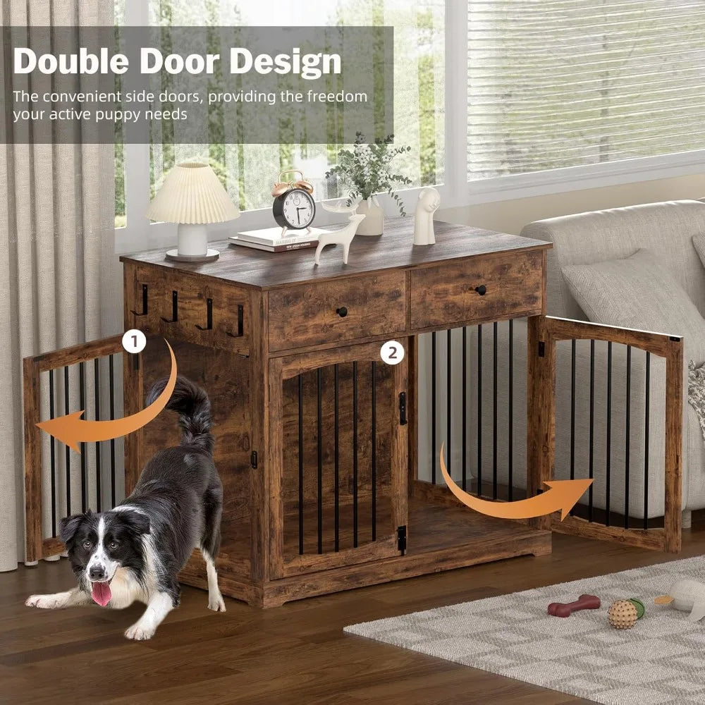 40 Inch Furniture-Style Dog Crate-Multipurpose Wood Pet Crate Furniture with Double Doors,2 Drawers, Decorative Dog House Indoor