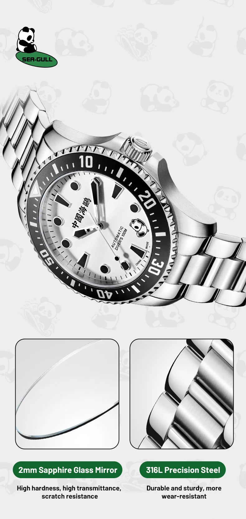 2025 Seagull Men's Watch Rolling Panda Design 100M Diving Watches Automatic Mechanical Wristwatch Sapphire Crystal Luminous Ocea