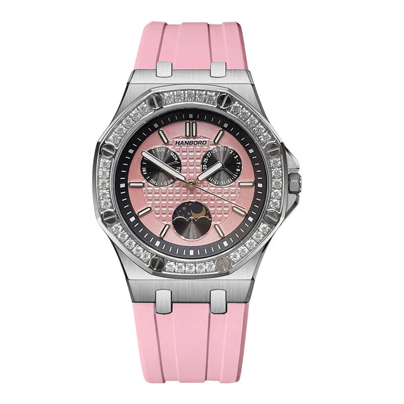 Hanbro Women Luxury Watch 37mm Ladies Vintage Quartz Wristwatch Luminous Waterproof Silicone Strap Week Date Triple Windows