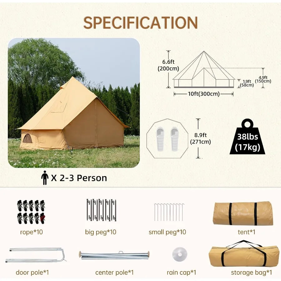 Cotton Canvas Bell Tent with Stove Jack Roomy Yurt for Family Glamping Camping 4 Season Tent with Zipped Removable Floor
