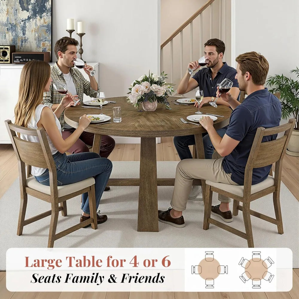 Round Solid Wood Dining Table Set for 4, 5-Piece Mid-Century Kitchen & Dining Room Furniture with Padded Chairs, Space