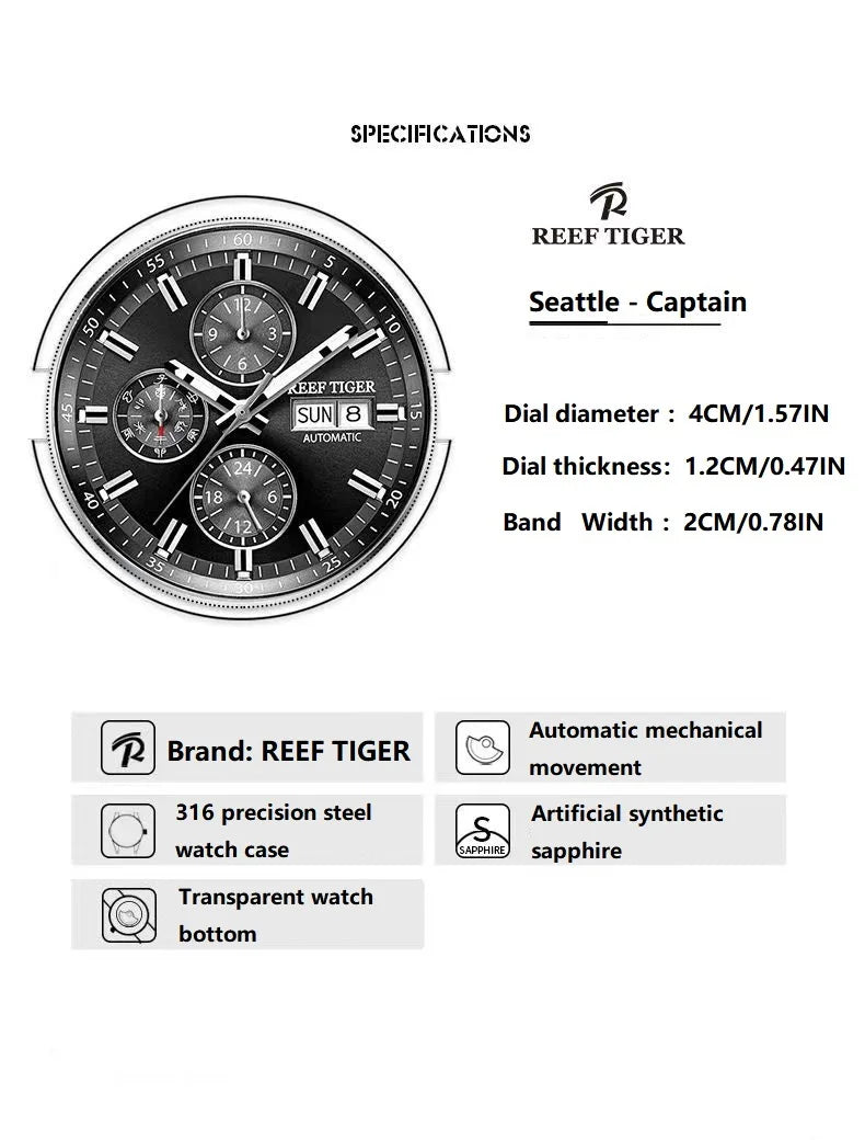 reef tiger Men's Mechanical Watch, Fully automatic multi-functional dual calendar business men's watch, waterproof men's timepie