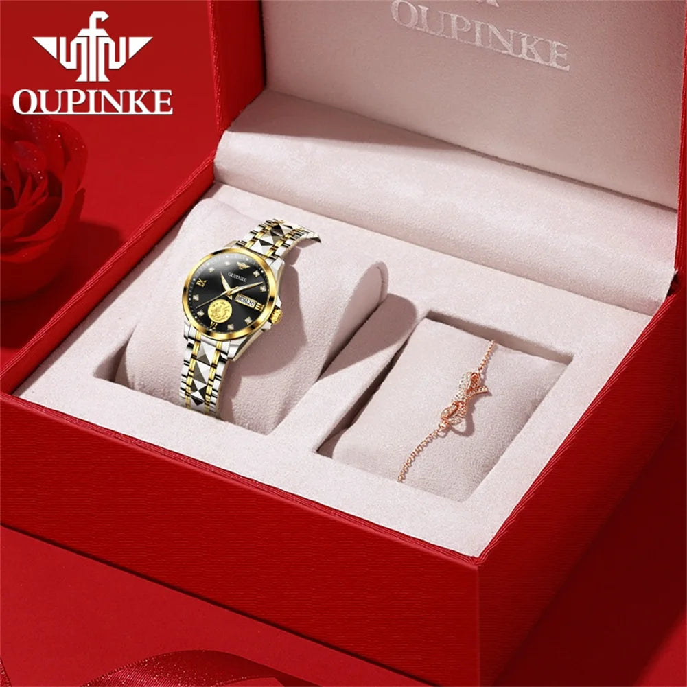 OUPINKE 3259 Real Gold Phoenix Women Watch Luxury Swiss Certified Automatic Mechanical Watch Elegant Travel Dress Women Watch