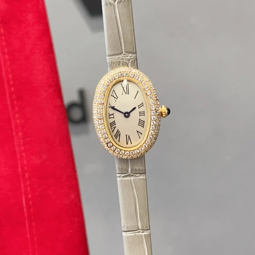 Brand Wrist Watches Woman Girl High Quality 23mm Diamond Oval Style Japanese Quartz Movement Leather Strap Clock CT80