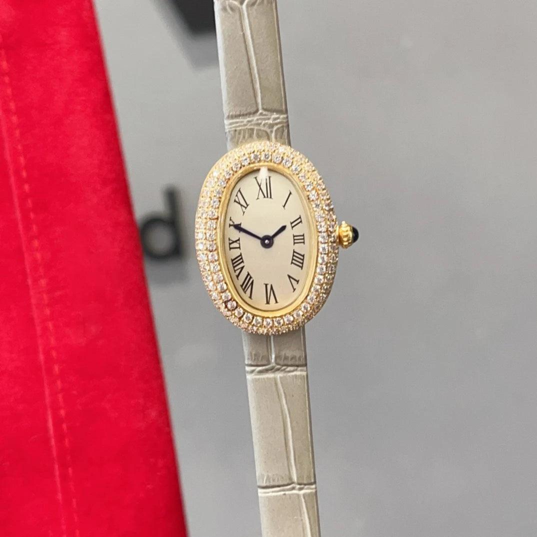 Brand Wrist Watches Woman Girl High Quality 23mm Diamond Oval Style Japanese Quartz Movement Leather Strap Clock CT80