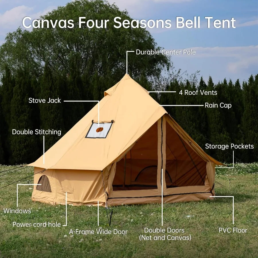 Cotton Canvas Bell Tent with Stove Jack Roomy Yurt for Family Glamping Camping 4 Season Tent with Zipped Removable Floor