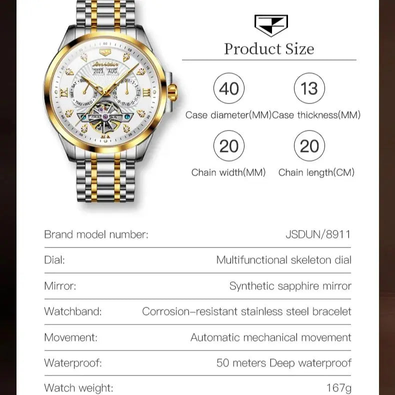 JSDUN 8911 Men's Watch High Quality Waterproof Luminescent Automatic Mechanical Watch Luxury Brand Multi functional Men's Watch