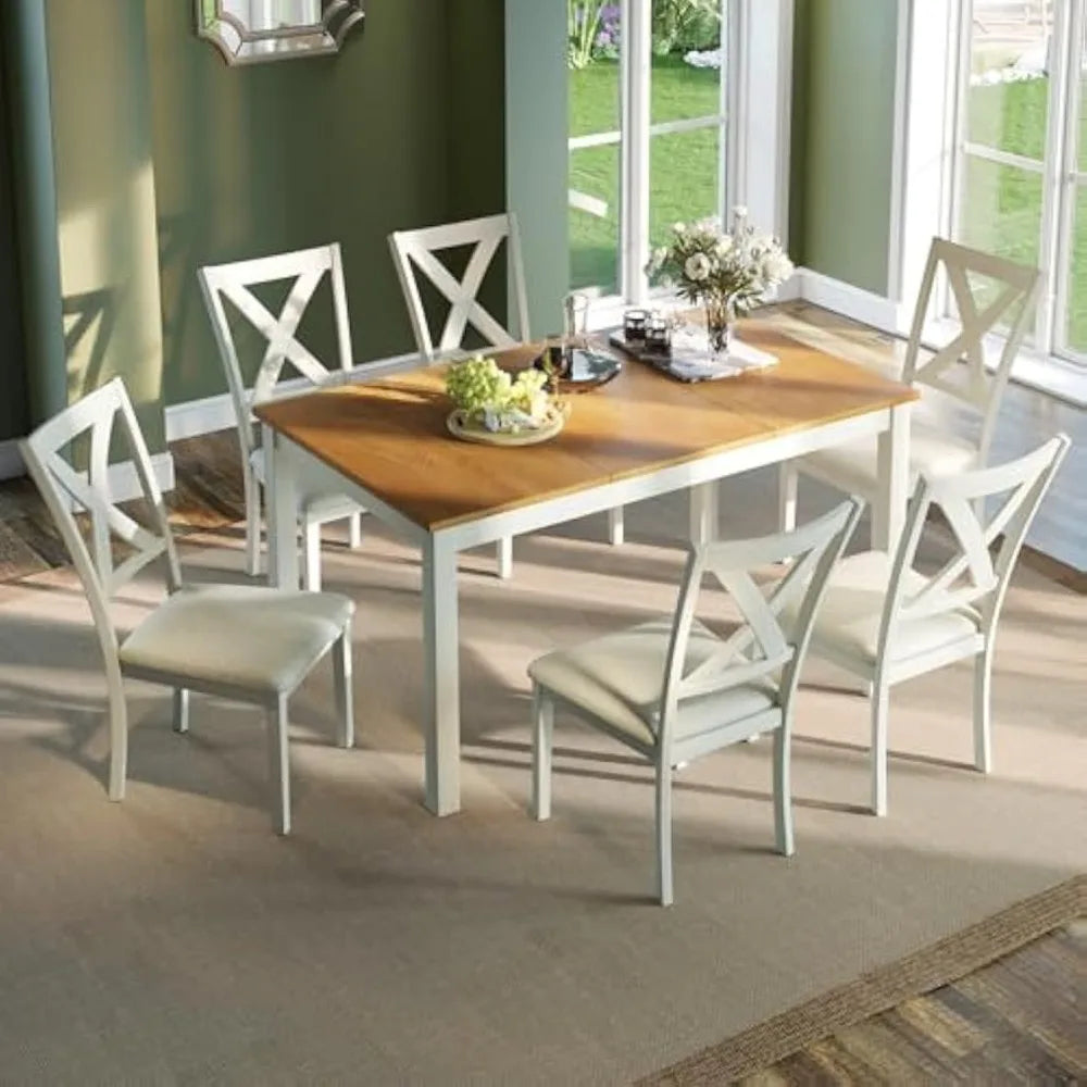 7-Piece Farmhouse Solid Wood Dining Table Set with 6 Upholstered Chairs, 60" Space Saving Dinner Table & Chairs