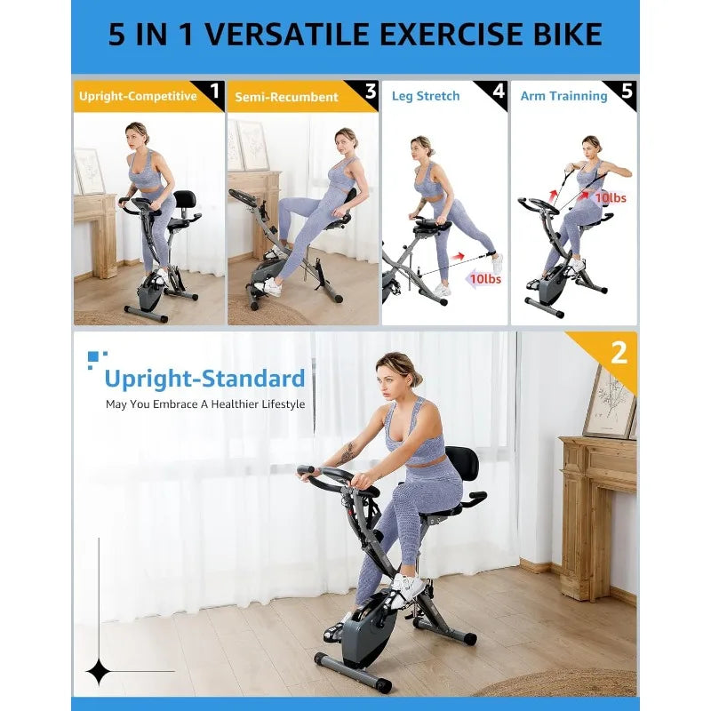 Indoor Exercise Bike for Seniors, Foldable 5 IN 1 Stationary Bike with 16-Level Magnetic Resistance and Tri-Position Ride