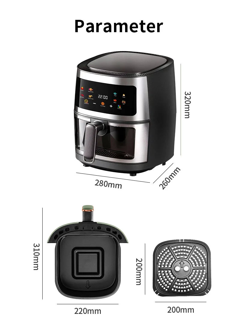 Multifunction Visible Air Fryer Stainless Steel Shell 8L Thermal Cycle Oil-free Non-Stick Touch Screen Electric Frying Oven