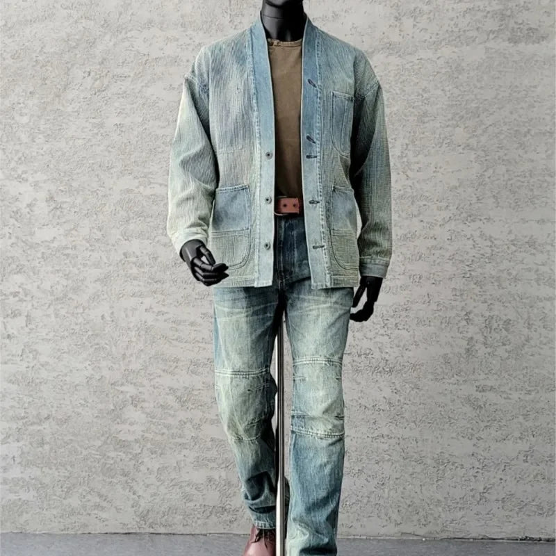 Amekaji Wear Clothes Men Blue Dyed Denim Robe Jacket Cardigan Coat Retro Washed Dyed Distressed